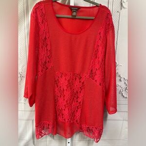 Multiples Floral Embroidered Lace Sheer Sleeves Whimsy Lagenlook Hem 3X Top